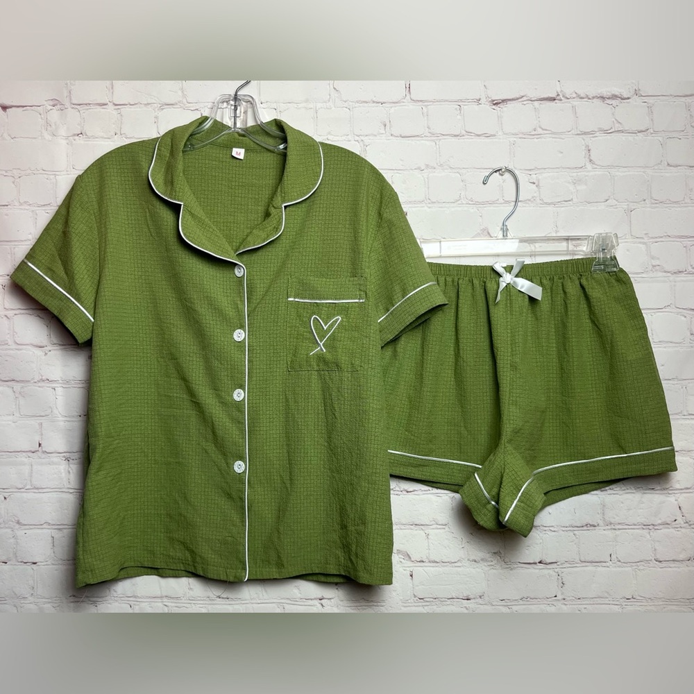 Two Piece Button Down Piped Pajama Set with Heart Detail